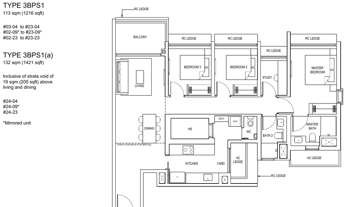 3-Bedroom Premium + Study · Type 3BPS1 · 1,216 sqft (3BPS1(a) 1,421 sqft)
